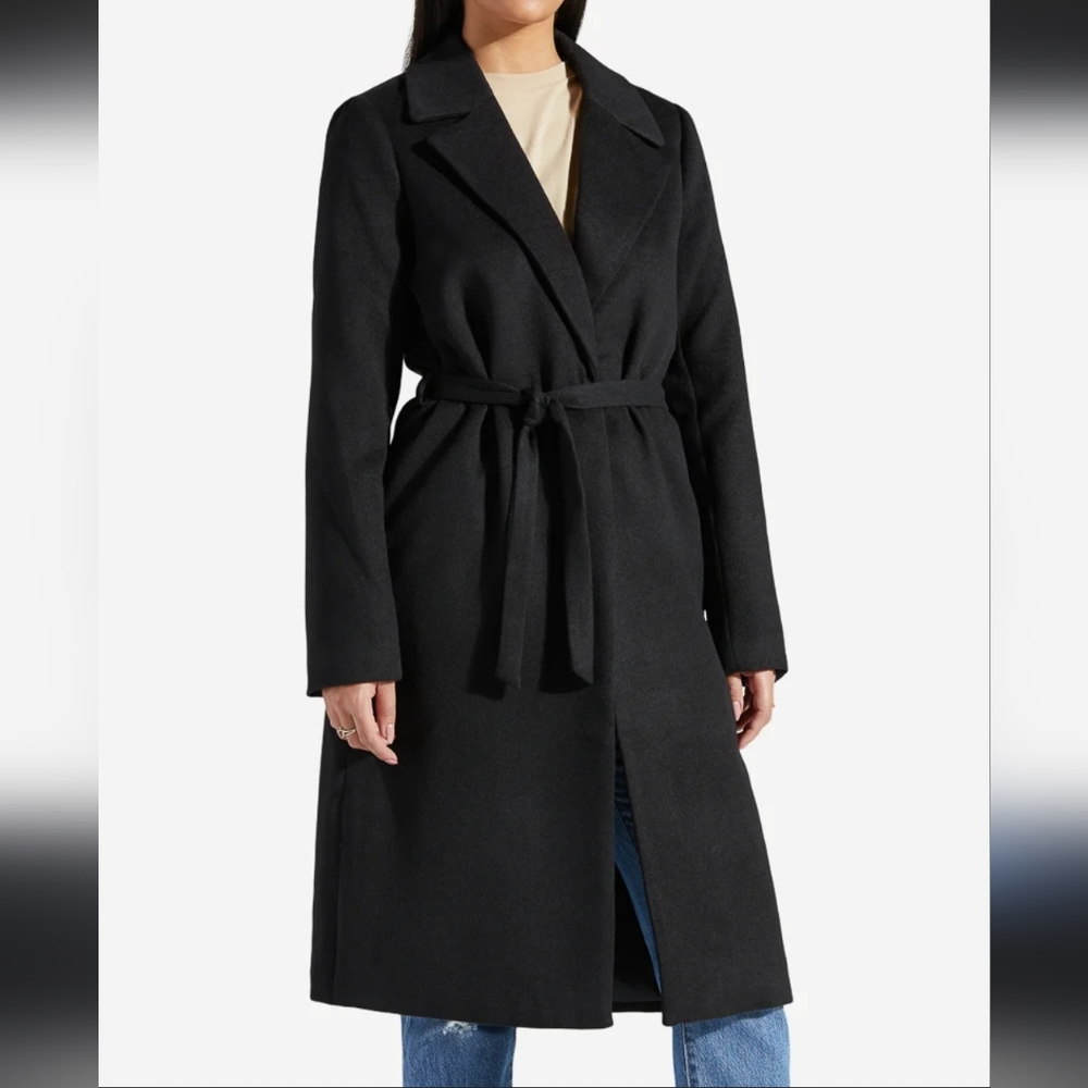 Women's Size Medium Shoe Dazzle Black Belted Faux Wool Coat Mid Length
